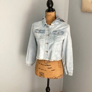 Cat & Jack Light Wash Blue Denim Jean Jacket EUC Gray Hoodie Girls Large (10/12)